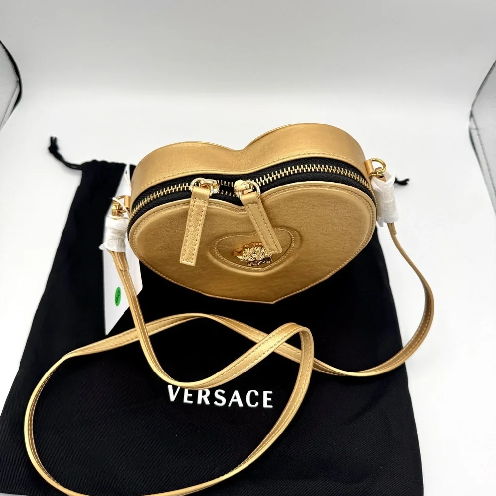NWT Versace Heart Medusa Crossbody Strap Bag Gold Leather Kids Purse Logo Plaque